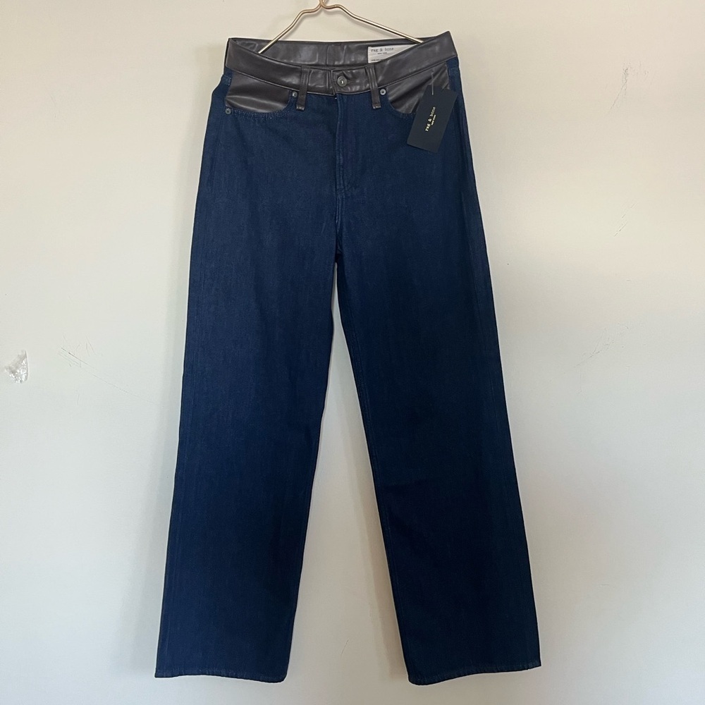 rag & bone Dark Blue wide Leg Jeans with Black Leather Lori midi size 26 cowgirl - Picture 5 of 16